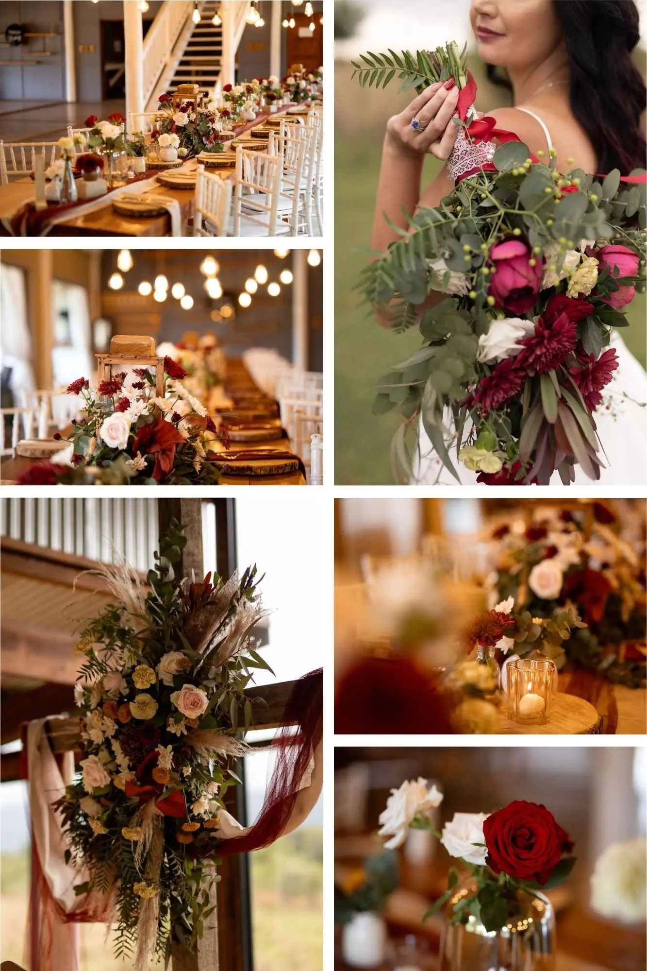 Moody winter wedding decor featuring deep burgundy roses and emerald green