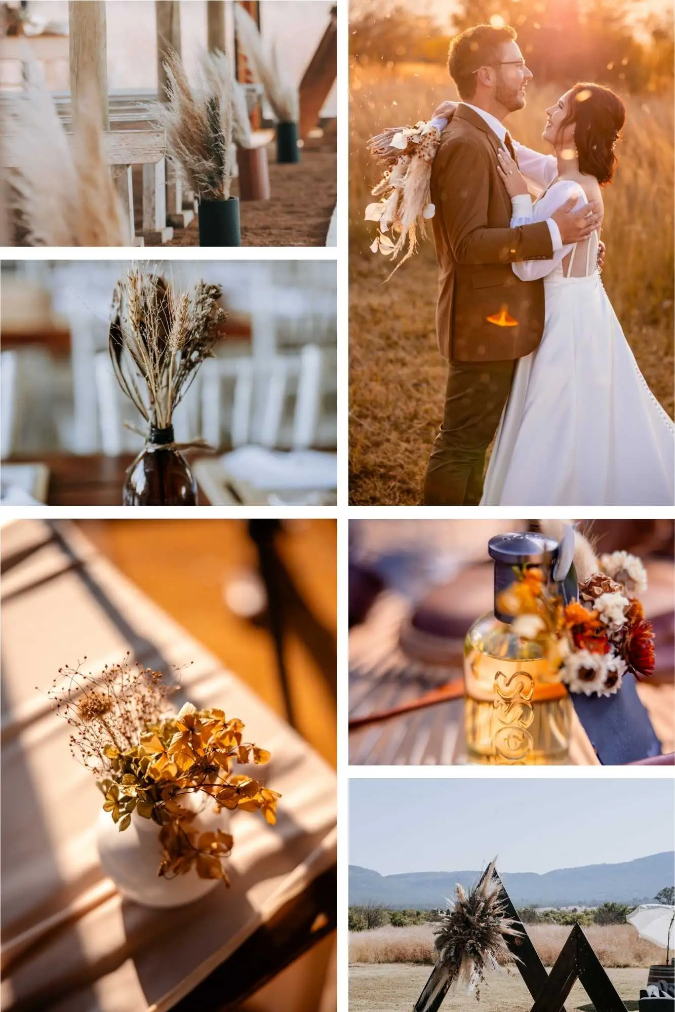 Neutral boho luxe wedding decor with rattan pendant lights and pampas grass