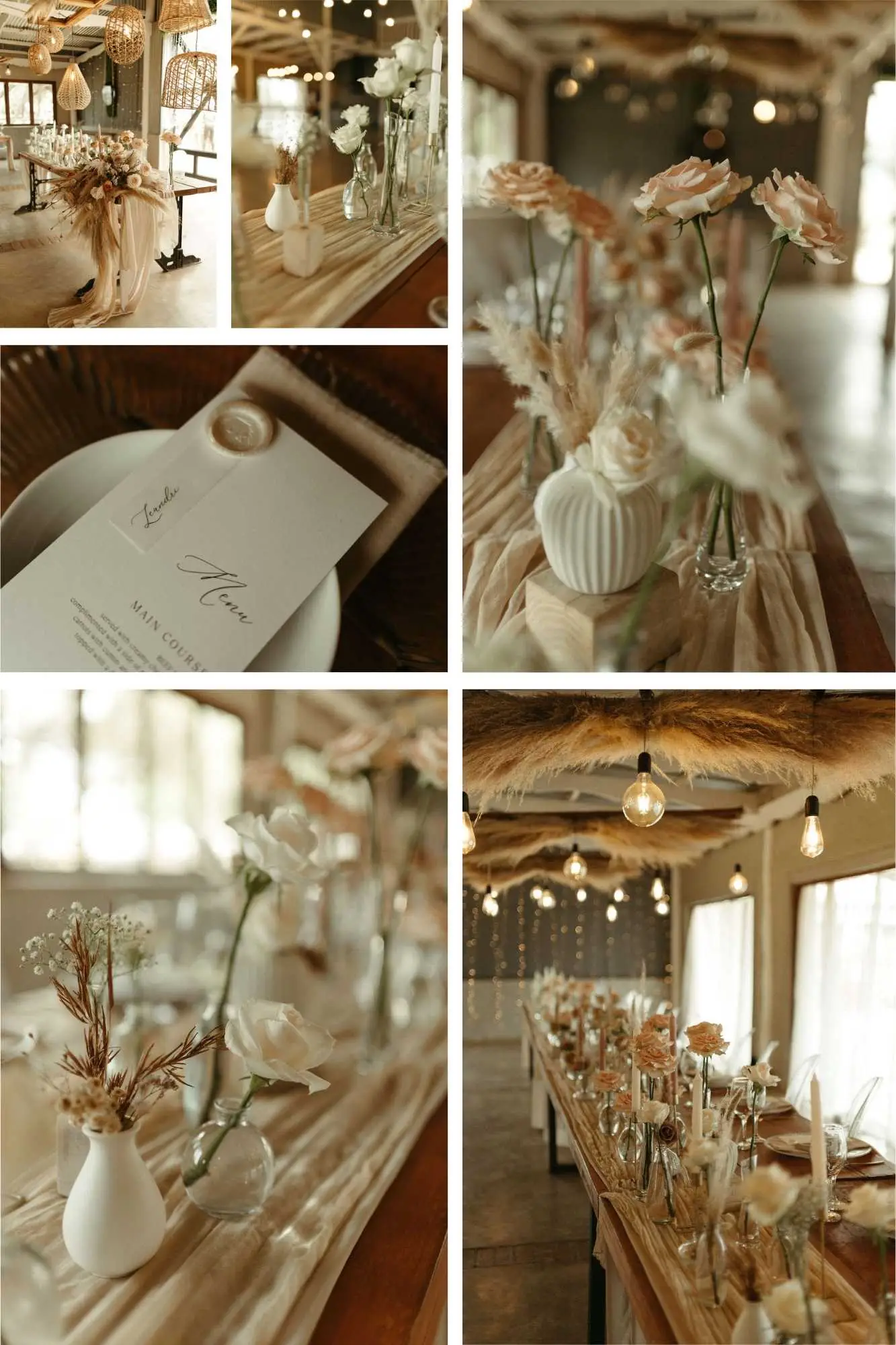 Warm earthy wedding palette featuring toffee roses and dried textures